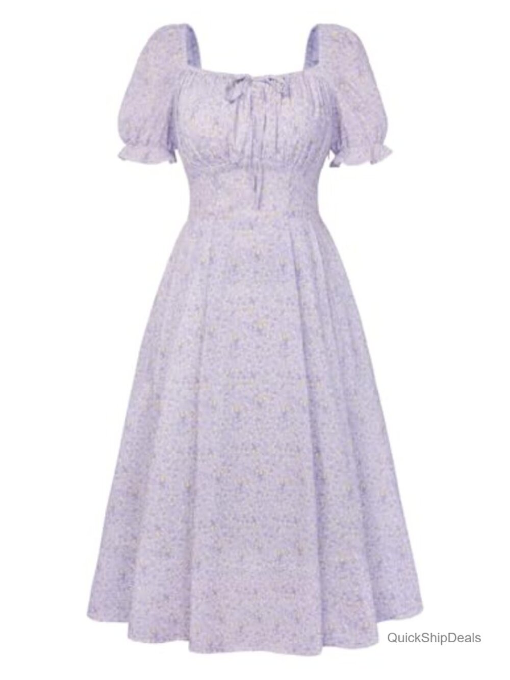Cottagecore Floral A-Line Dress Square Neck Short Puff Sleeve Midi